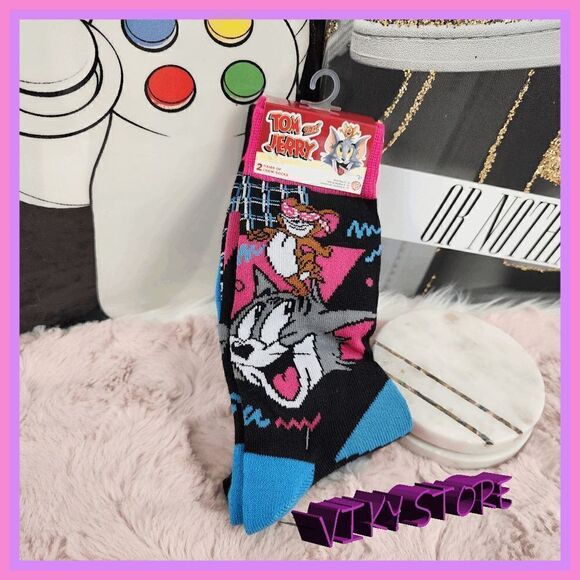 NWT Whimsical Duo: {Tom and Jerry} 2 Pair Crew Socks NWT - Picture 1 of 3
